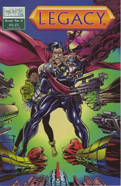 A Superman like hero in dark blue suit and purple cape is defending a Black girl from numerous threatening hands holding guns